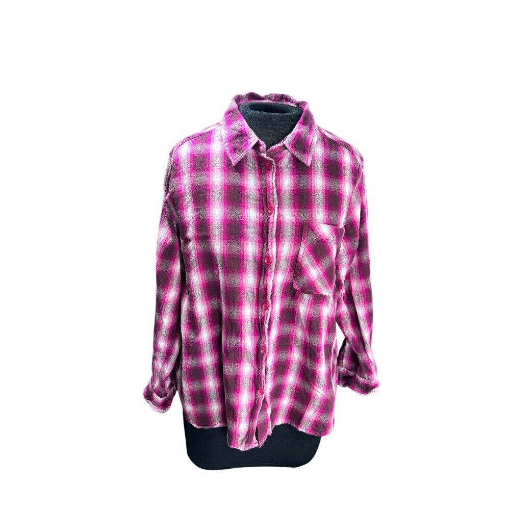 Time And Tru Pink & White Plaid Button-Down Shirt L